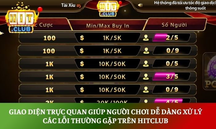 Giao diện trực quan giúp người chơi dễ dàng xử lý các lỗi thường gặp trên hitclub một cách nhanh chóng