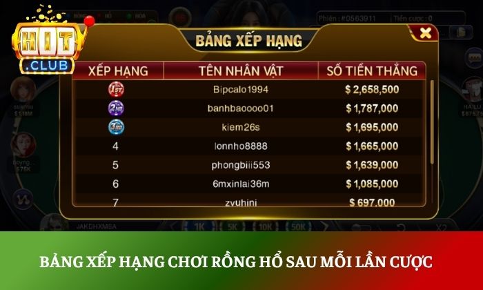 Tính năng xem bảng xếp hạng sau mỗi lần cược 